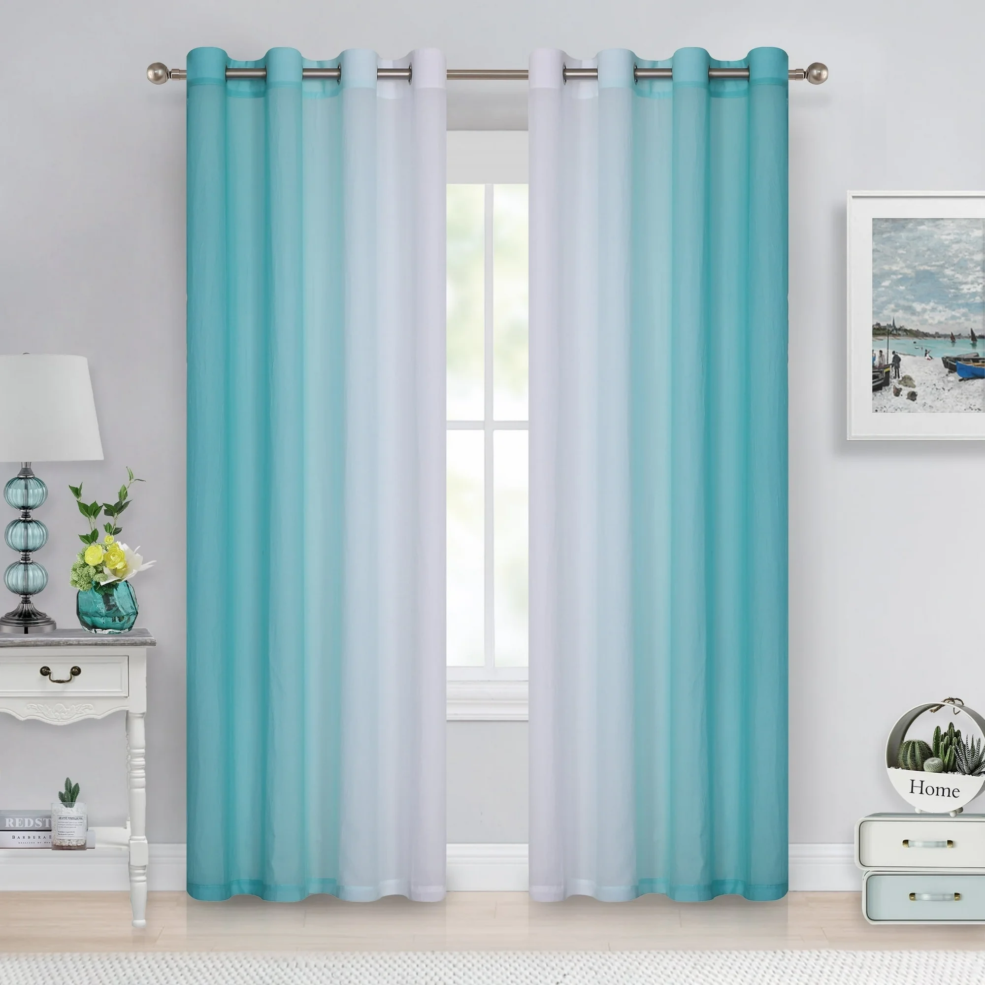 Junvictex Teal Ombre Crushed Chiffon Sheer Curtains 52"Wx84"L for Bedroom Living Room Decor, Set of 2 Crinkle Curtain Panels,Grommet - Image 5