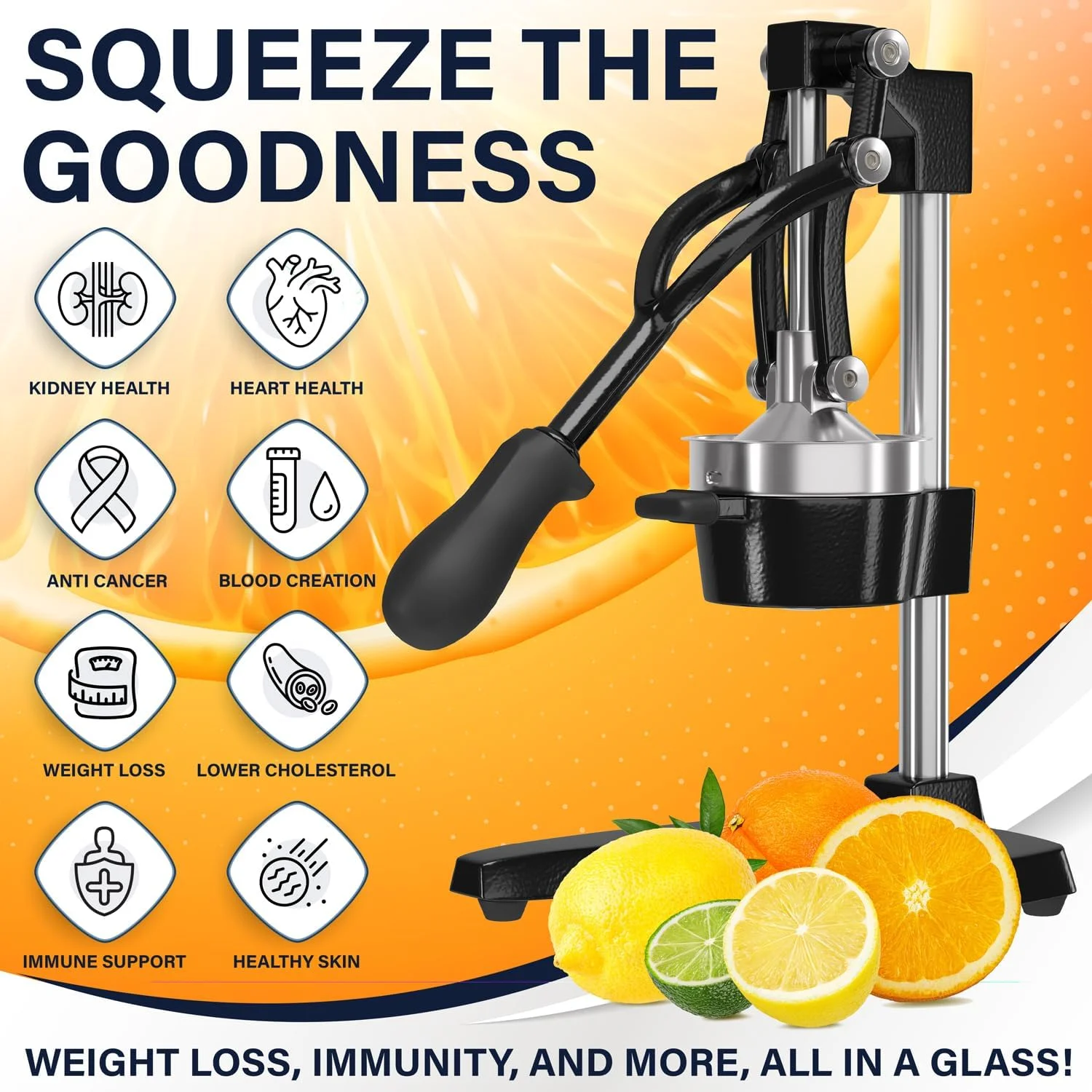 Eurolux Cast Iron Citrus Press Juicer Commercial Grade Manual Citrus Juicer with Stainless Steel Cup, Black - Image 6