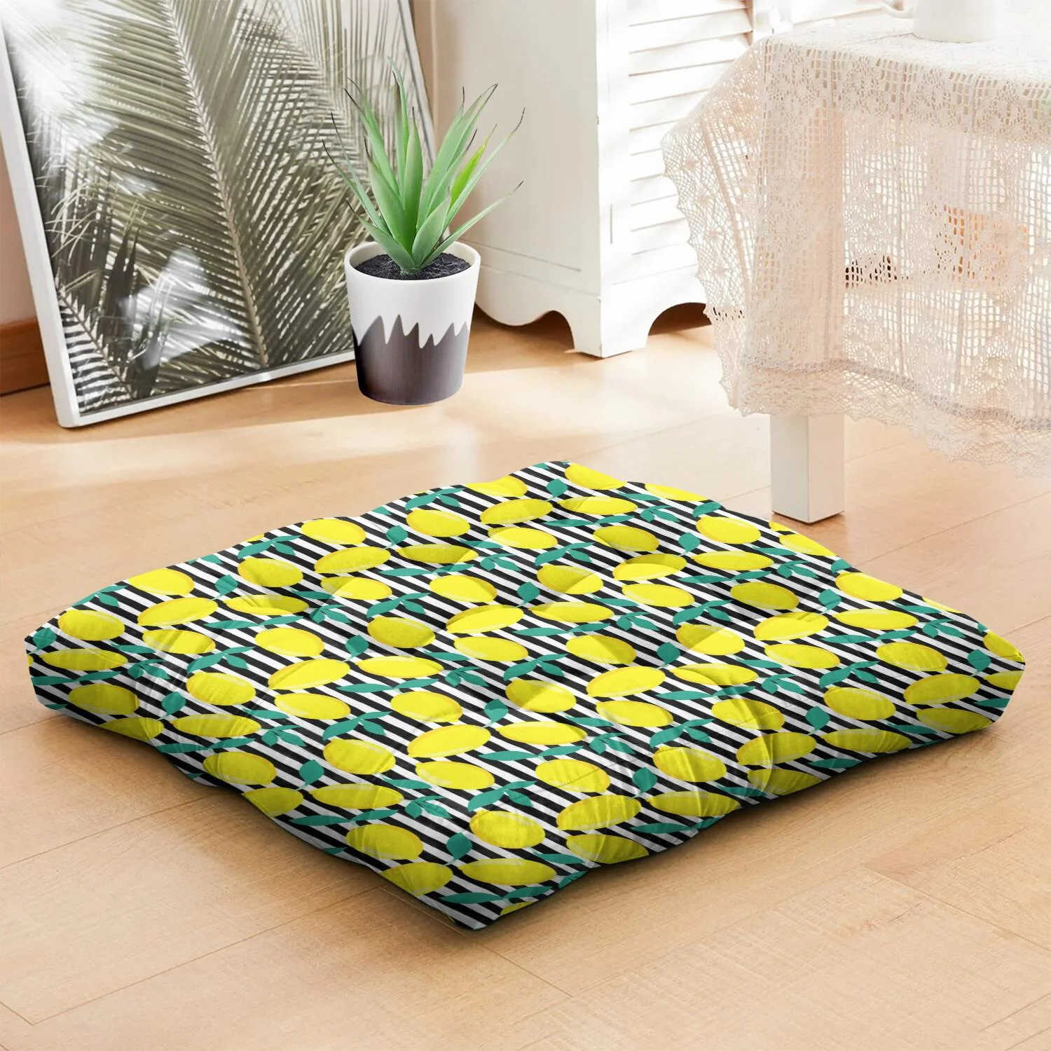 Zesty Lemon Floor Cushion - 22x22 Inch Large Pillow, Dutch Velvet, Fresh Citrus Pattern for Tatami & Living Room - Image 5